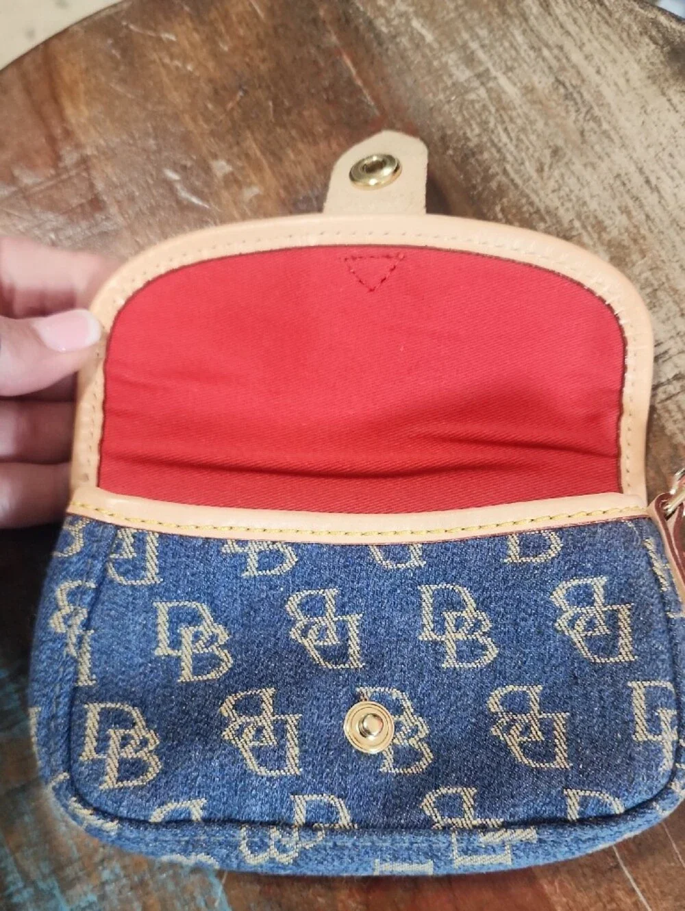 Dooney & Bourke Denim Blue Leather Signature DB Wristlet Clutch Snap Pouch